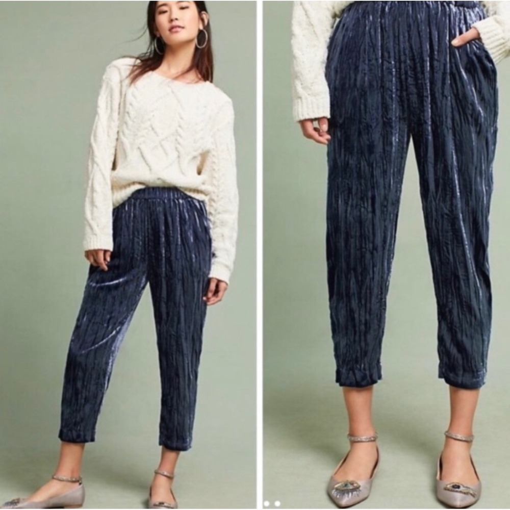 Anthropologie Ett:twa Cecile Velvet Pants Women Sz M Blue Excellent Crushed Luxe